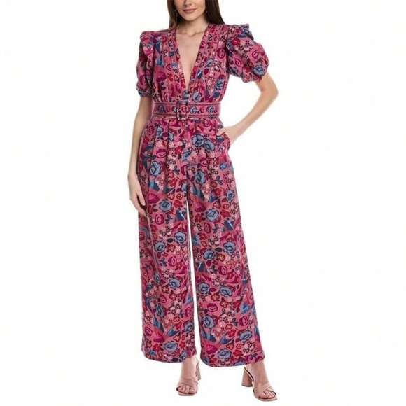 FARM Rio Pants - FARM Rio Floral Birds Blush Jumpsuit with Puff Sleeves Size: XL